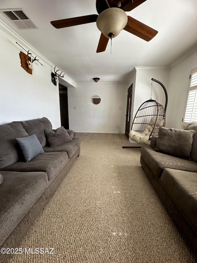 1609 S 12th Ave, Safford, AZ 85546 - living room featuring ornamental molding, a ceiling fan, carpet, and baseboards