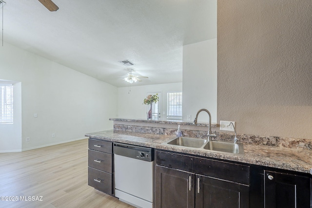 1741 W Maplewood Dr, Tucson, AZ 85746 - kitchen featuring dishwasher, ceiling fan, a sink, light wood-type flooring, and light countertops