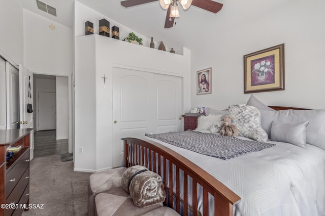 5608 Shady Grove, Tucson, AZ 85742 - bedroom with carpet flooring, a closet, a towering ceiling, a ceiling fan, and baseboards