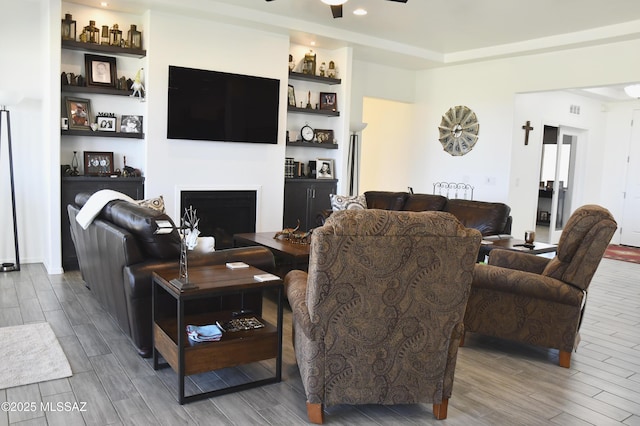 8867 S Welsh Pl, Hereford, AZ 85615 - living area with wood finished floors, a fireplace, ceiling fan, and built in features
