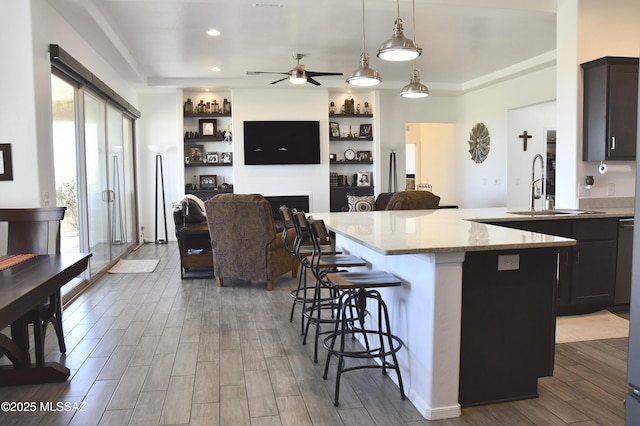 8867 S Welsh Pl, Hereford, AZ 85615 - kitchen with a sink, a kitchen bar, a ceiling fan, wood finished floors, and open floor plan