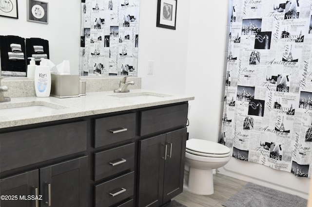 8867 S Welsh Pl, Hereford, AZ 85615 - bathroom featuring toilet, wood finished floors, double vanity, and curtained shower
