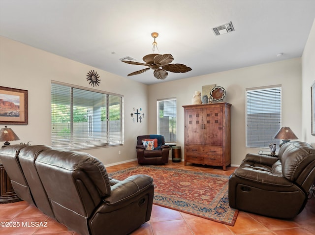 380 E Via Puente De La Lluvia, Sahuarita, AZ 85629 - living room featuring a ceiling fan, light tile patterned floors, and baseboards