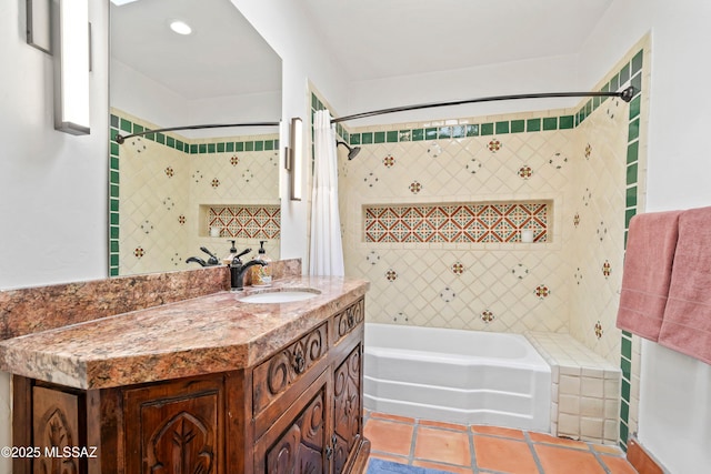 2302 N Norton Ave, Tucson, AZ 85719 - full bathroom with vanity, tile patterned floors, shower / bathtub combination with curtain, and recessed lighting