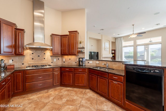 13715 N Tessali Way, Tucson, AZ 85755 - kitchen featuring black dishwasher, wall chimney exhaust hood, a sink, stainless steel gas cooktop, and backsplash
