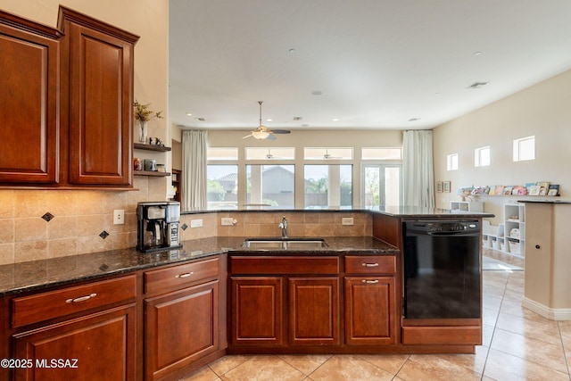 13715 N Tessali Way, Tucson, AZ 85755 - kitchen with dishwasher, a sink, a ceiling fan, decorative backsplash, and light tile patterned floors
