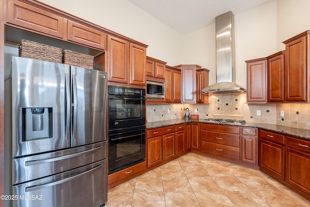 13715 N Tessali Way, Tucson, AZ 85755 - kitchen with appliances with stainless steel finishes, wall chimney range hood, decorative backsplash, and dark stone countertops