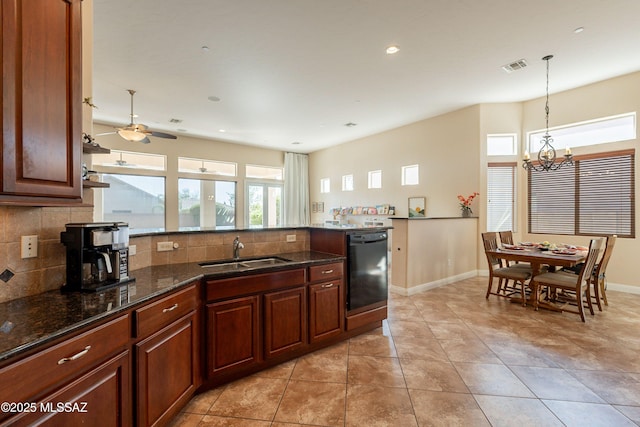13715 N Tessali Way, Tucson, AZ 85755 - kitchen featuring a sink, black dishwasher, decorative backsplash, a peninsula, and recessed lighting