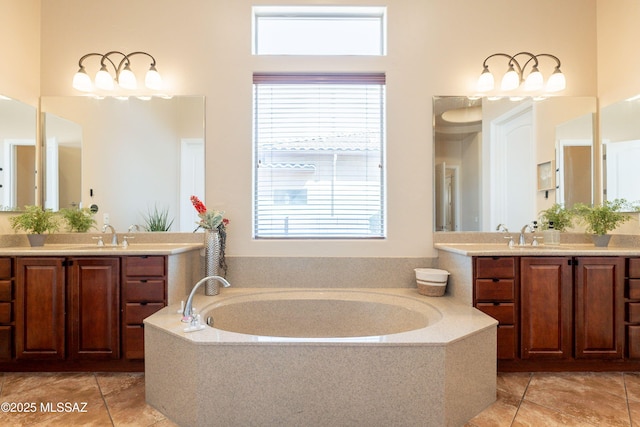 13715 N Tessali Way, Tucson, AZ 85755 - bathroom with two vanities, a bath, tile patterned flooring, and a towering ceiling