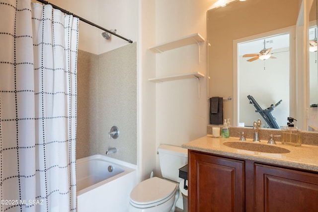 13715 N Tessali Way, Tucson, AZ 85755 - bathroom featuring toilet, vanity, shower / tub combo with curtain, and a ceiling fan