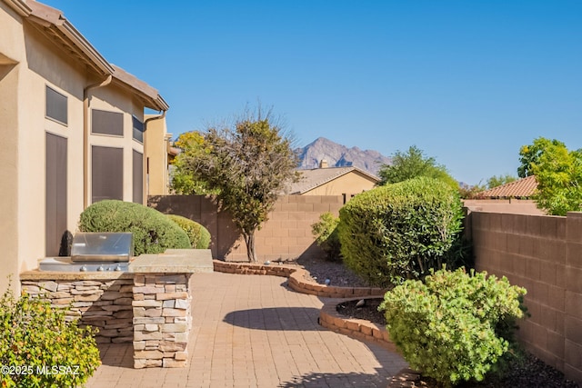 13715 N Tessali Way, Tucson, AZ 85755 - fenced backyard with a patio area and a mountain view