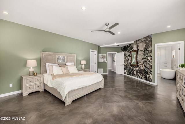 9840 N Desert Sky Rd, Tucson, AZ 85737 - bedroom with baseboards, concrete floors, recessed lighting, a ceiling fan, and ensuite bath