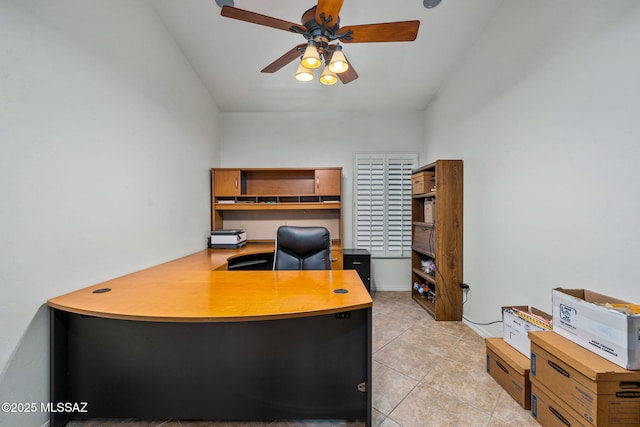1048 E Rodda River Pl, Tucson, AZ 85718 - office with a ceiling fan, vaulted ceiling, and light tile patterned floors