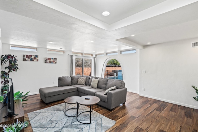 5247 E 6th St, Tucson, AZ 85711 - living room with baseboards, wood finished floors, and recessed lighting