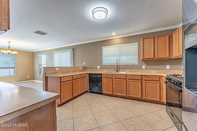 1173 W Calle Vista De Suenos, Sahuarita, AZ 85629 - kitchen featuring black appliances, a sink, ornamental molding, a chandelier, and brown cabinetry