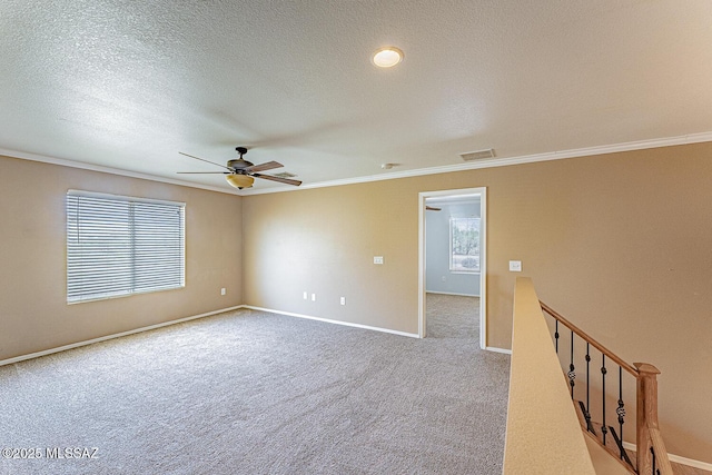 1173 W Calle Vista De Suenos, Sahuarita, AZ 85629 - unfurnished room with ornamental molding, a ceiling fan, carpet floors, baseboards, and a textured ceiling