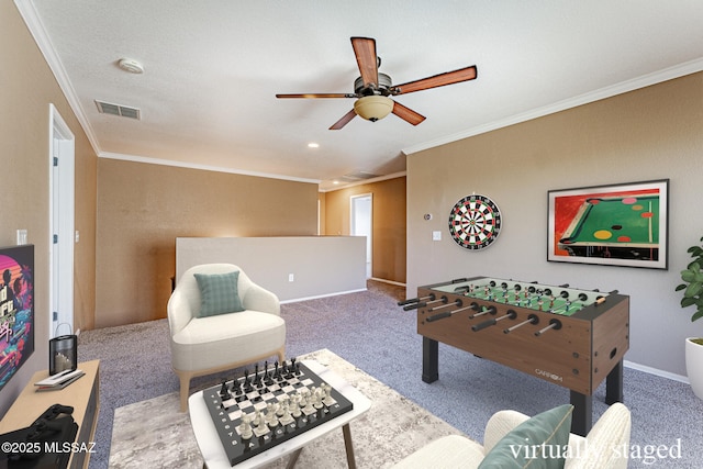 1173 W Calle Vista De Suenos, Sahuarita, AZ 85629 - playroom with carpet floors, a ceiling fan, ornamental molding, and baseboards