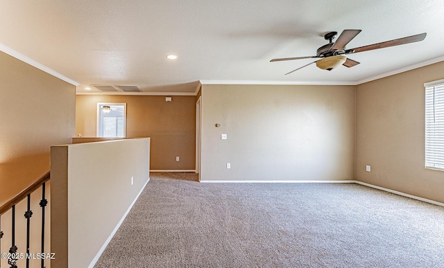 1173 W Calle Vista De Suenos, Sahuarita, AZ 85629 - carpeted spare room with crown molding, a ceiling fan, baseboards, and recessed lighting