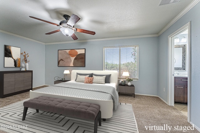 1173 W Calle Vista De Suenos, Sahuarita, AZ 85629 - bedroom with light carpet, ornamental molding, connected bathroom, ceiling fan, and a textured ceiling