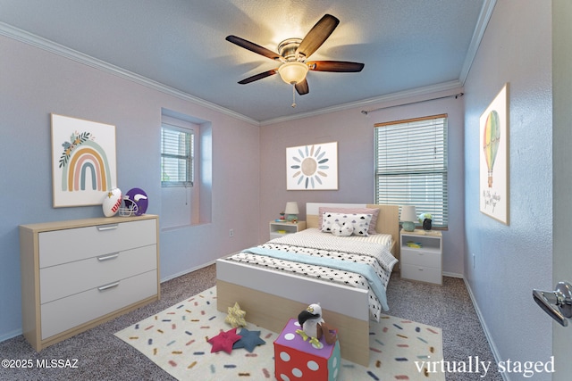 1173 W Calle Vista De Suenos, Sahuarita, AZ 85629 - bedroom with crown molding, carpet flooring, baseboards, and a textured ceiling