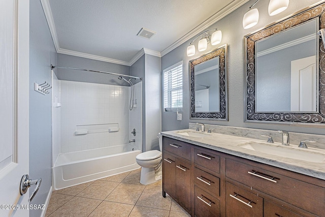 1173 W Calle Vista De Suenos, Sahuarita, AZ 85629 - full bath with double vanity, toilet, washtub / shower combination, tile patterned flooring, and ornamental molding