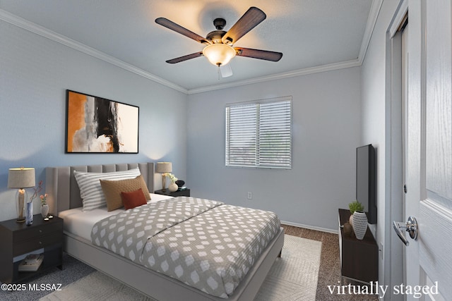 1173 W Calle Vista De Suenos, Sahuarita, AZ 85629 - carpeted bedroom featuring ornamental molding, baseboards, and a ceiling fan