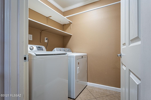1173 W Calle Vista De Suenos, Sahuarita, AZ 85629 - laundry room featuring independent washer and dryer, light tile patterned floors, baseboards, and crown molding