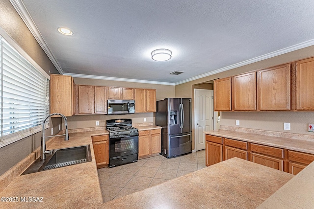 1173 W Calle Vista De Suenos, Sahuarita, AZ 85629 - kitchen with appliances with stainless steel finishes, a sink, ornamental molding, light countertops, and light tile patterned floors