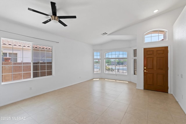 12122 N Sterling Ave, Oro Valley, AZ 85755 - foyer with high vaulted ceiling, a ceiling fan, tile patterned floors, baseboards, and recessed lighting