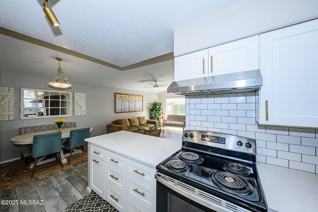 2943 N Gold Creek Pl, Tucson, AZ 85745 - kitchen featuring stainless steel range with electric stovetop, under cabinet range hood, wood finished floors, tasteful backsplash, and ceiling fan