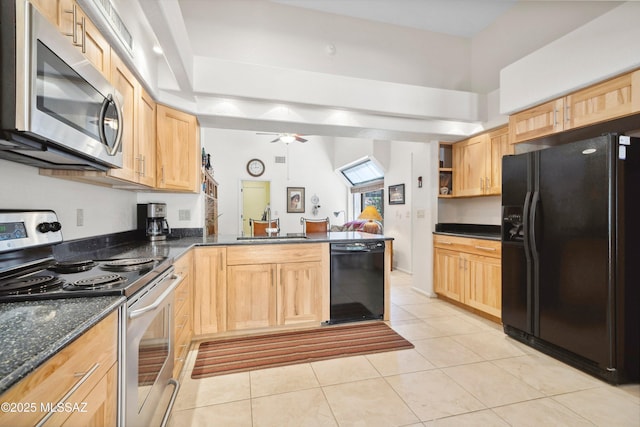 7133 E Grey Fox Ln, Tucson, AZ 85750 - kitchen with black appliances, a peninsula, light brown cabinets, and light tile patterned floors