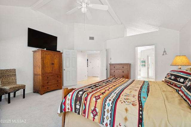 7133 E Grey Fox Ln, Tucson, AZ 85750 - bedroom featuring beamed ceiling, light carpet, high vaulted ceiling, ceiling fan, and baseboards