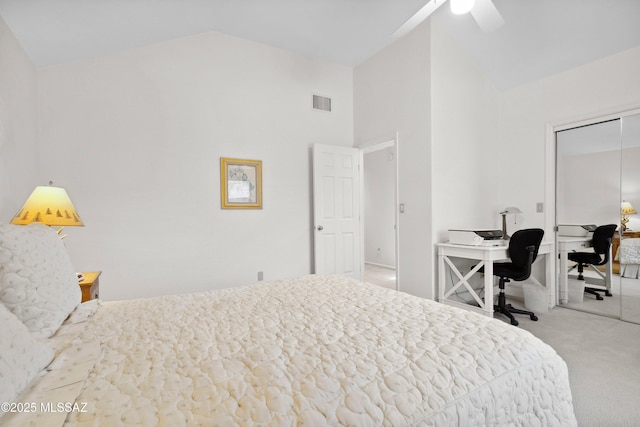 7133 E Grey Fox Ln, Tucson, AZ 85750 - carpeted bedroom featuring high vaulted ceiling, an office area, a closet, and a ceiling fan
