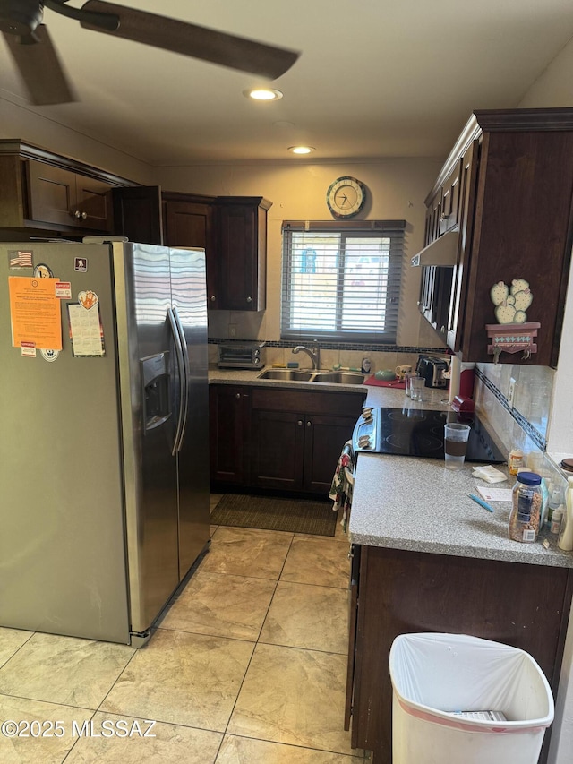 1002 S Kolb Rd Unit 2, Tucson, AZ 85710 - kitchen featuring stainless steel fridge with ice dispenser, dark brown cabinetry, light tile patterned flooring, light countertops, and recessed lighting