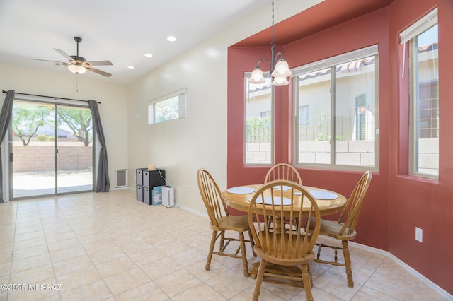 2511 N Avenida Tabica, Green Valley, AZ 85614 - dining room with a chandelier, baseboards, a ceiling fan, and recessed lighting