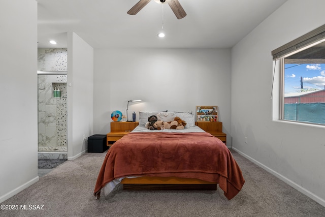 1941 E Greenlee Rd, Tucson, AZ 85719 - carpeted bedroom with baseboards, connected bathroom, a ceiling fan, and recessed lighting