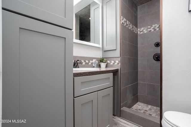 9710 N Cliff View Pl, Oro Valley, AZ 85704 - bathroom featuring tiled shower, vanity, toilet, and wood finished floors
