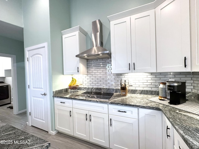 3335 E Canyoneer Pl, Vail, AZ 85641 - kitchen featuring wall chimney range hood, white cabinetry, decorative backsplash, and dark stone counters