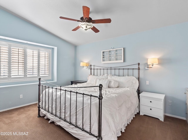 9880 E Cisco Ct, Tucson, AZ 85748 - bedroom featuring vaulted ceiling, carpet floors, baseboards, and ceiling fan