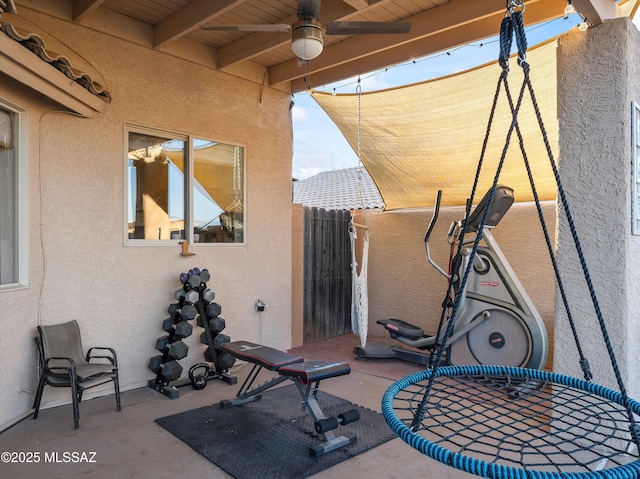 9880 E Cisco Ct, Tucson, AZ 85748 - fenced backyard featuring ceiling fan and a patio