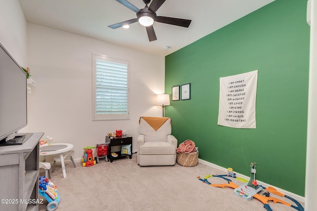 3287 W Sunlit Peak Dr, Tucson, AZ 85742 - game room with ceiling fan, carpet flooring, and baseboards