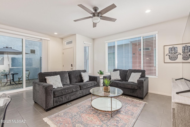 890 E Millenium Ct Unit E, Tucson, AZ 85719 - tiled living room with ceiling fan, recessed lighting, healthy amount of natural light, and baseboards