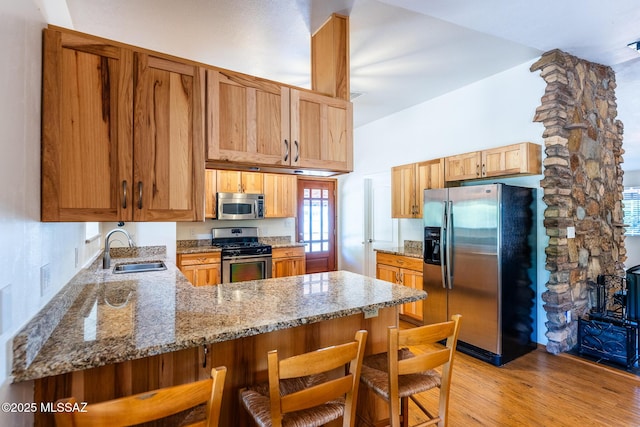 577 W Whitney Ln, Saint David, AZ 85630 - kitchen with appliances with stainless steel finishes, a sink, light wood-style floors, a peninsula, and light stone counters