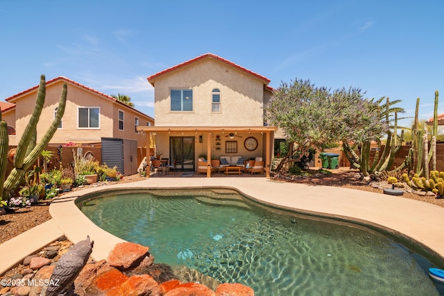 9000 N Twain St, Tucson, AZ 85742 - swimming pool featuring an outdoor hangout area, a patio area, ceiling fan, and a fenced backyard