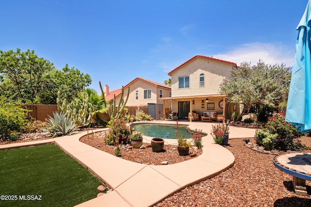 9000 N Twain St, Tucson, AZ 85742 - view of swimming pool with ceiling fan, a fenced backyard, and a patio area