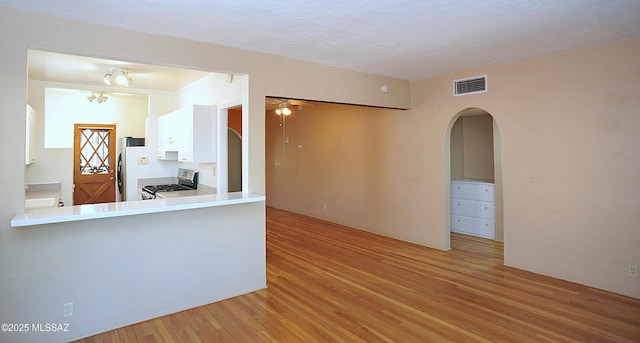 2422 E Drachman St, Tucson, AZ 85719 - unfurnished living room featuring light wood finished floors, a ceiling fan, and arched walkways