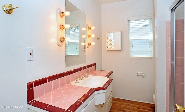 2422 E Drachman St, Tucson, AZ 85719 - bathroom featuring vanity, wood finished floors, toilet, and plenty of natural light