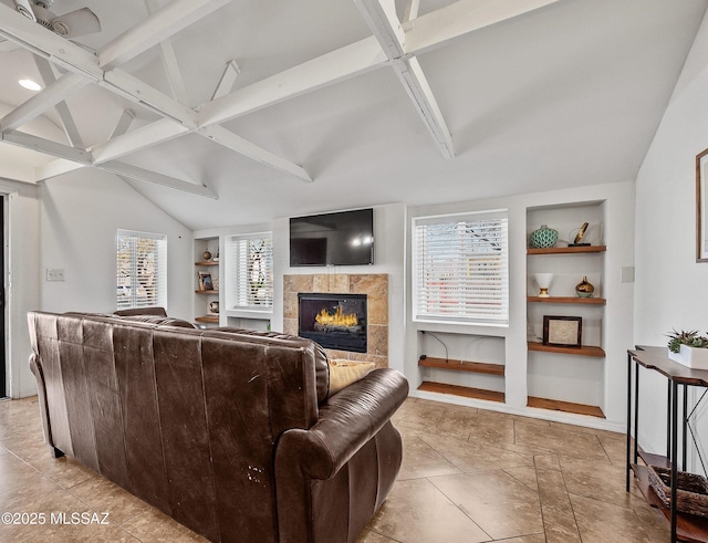 966 N Richey Blvd, Tucson, AZ 85716 - living area featuring built in features, a tile fireplace, and baseboards
