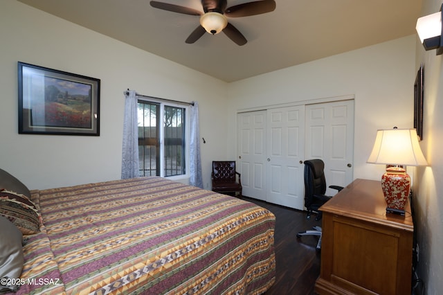 10550 N Lambert Pl, Tucson, AZ 85737 - bedroom with dark wood-style floors, a closet, a desk, and ceiling fan
