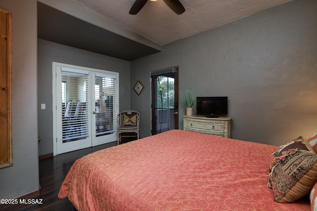 10550 N Lambert Pl, Tucson, AZ 85737 - bedroom featuring access to outside, dark wood-style flooring, french doors, ceiling fan, and baseboards